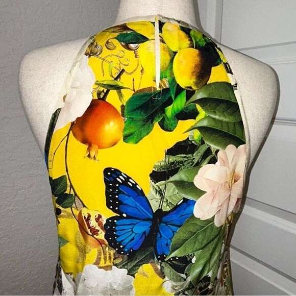 Roberto Cavalli Yellow Printed Silk Lace Detail Halter Floral Mix Print Top - Picture 14 of 15